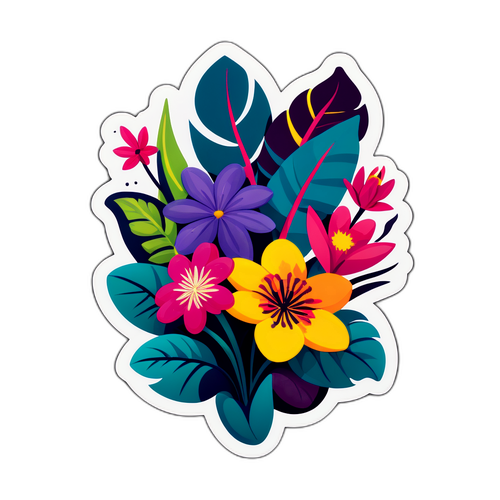 Autocolant cu ilustrații de flori exotice și mesaj de optimism