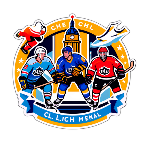 Luova CHL-logo jääkiekkoteemalla ja Euroopan maamerkeillä