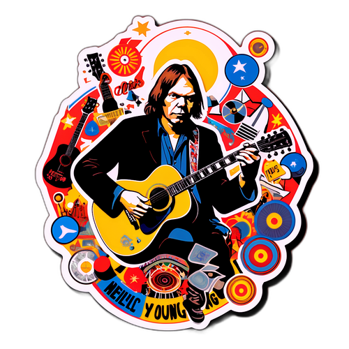 Sticker van Neil Young met gitaar en iconische symbolen van de jaren '70 muziekcultuur