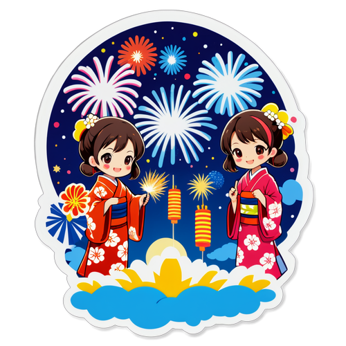 夏祭りの真髄！浴衣姿のキャラクターたちが花火を楽しむ光景にあなたも魅了される！