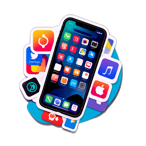 Стикер с новым iPhone 17 и иконками популярных приложений