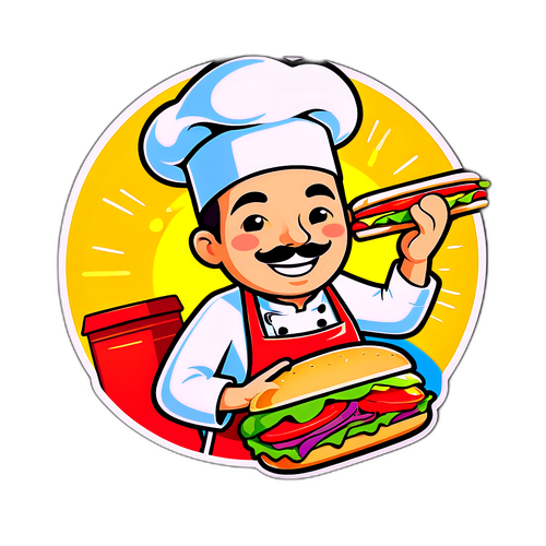 楽しいシェフがサンドイッチを作るイラスト