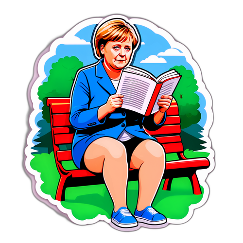 Sticker cu Angela Merkel citind o carte în parc