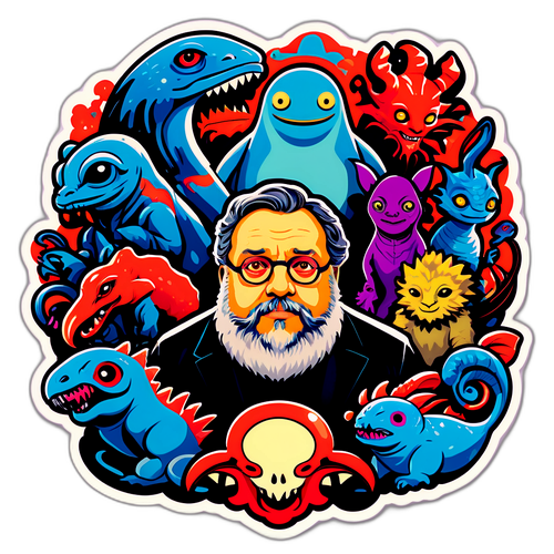 Diseño de Guillermo del Toro rodeado de criaturas fantásticas