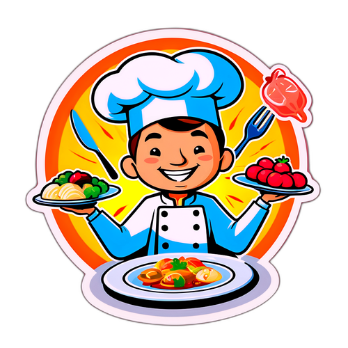 Sticker van Mijn Restaurant met een Chef Outfit en Borden Vol Delicatessen