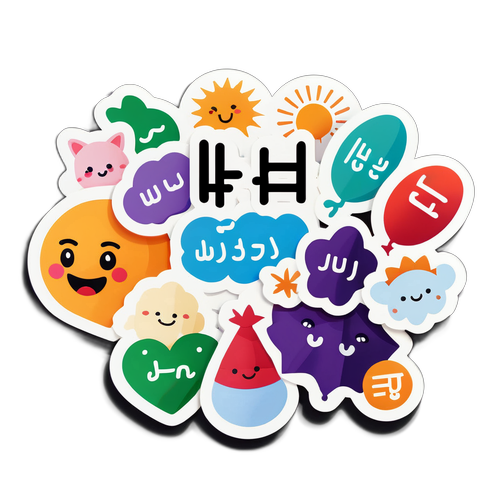 Minimalistische sticker met het woord 'Woensdag' in verschillende talen en schattige symbolen