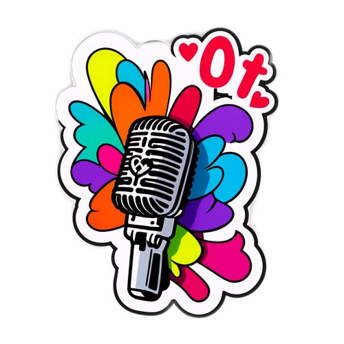 Kleurrijke sticker van een microfoon met de tekst 'Zing vanuit je hart!'