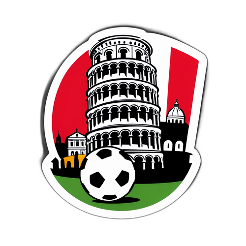Sticker cu minge de fotbal pe fundalul Turnului Înclinat din Pisa și steagul Cremonese