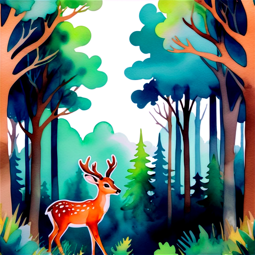 Dreamy Watercolor Forest with Deer and Rabbits
