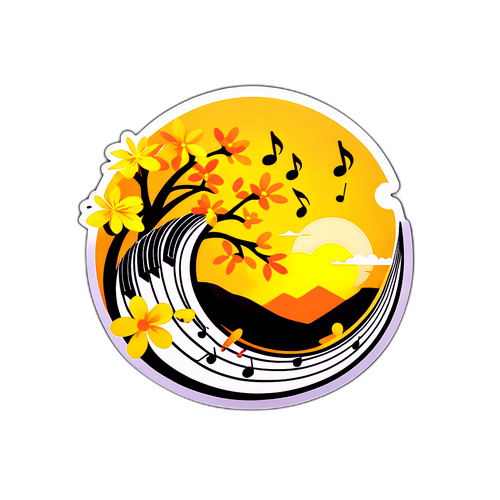 Sticker chủ đề nhạc xuân với mặt trời mọc và hoa apricot vàng