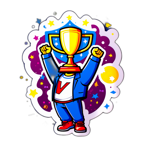 Adesivo Giocoso con Cacciari che Tiene un Trofeo