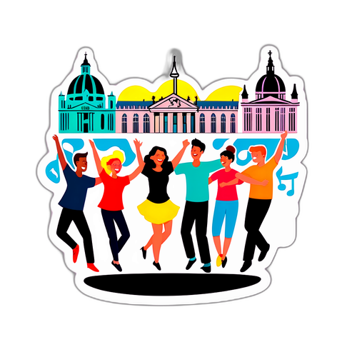 Vrolijke vrienden dansend voor beroemde bezienswaardigheden in Brussel