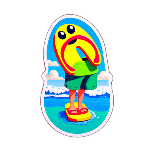 Personaj animat pe o flip-flop gigantic pe plajă