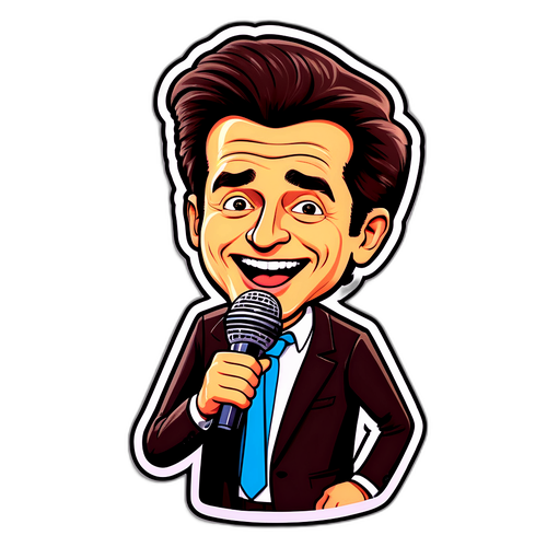 Humoristische cartoon van Laurent Gerra als stand-up comedian