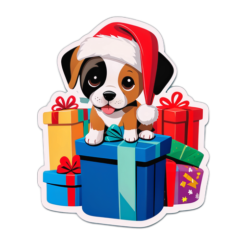 Masayang Tuta na may Santa Hat at Mga Regalo