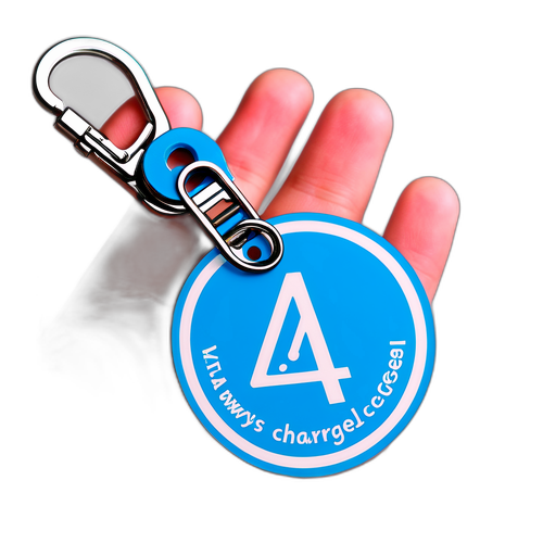 Laturin symboli avaimenperässä sähkökaapelin ympärillä, tekstillä "Aina ladattu!"