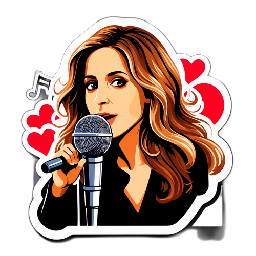 Lara Fabian met een hartvormige microfoon en muzikale notatie