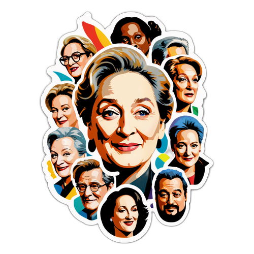 Et kreativt Meryl Streep ansigt collage med hendes mest berømte karakterer repræsenteret kunstnerisk.