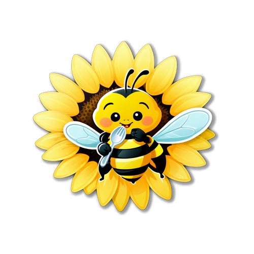 可爱的蜜蜂拿着勺子品尝向日葵中的花蜜