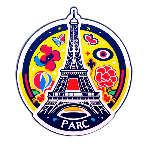 Яскрава наклейка з логотипом PSG, переплетеним із символами Парижа