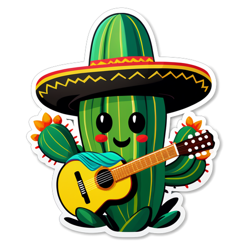 穿着墨西哥草帽、旁边有吉他的小绿仙人掌贴纸