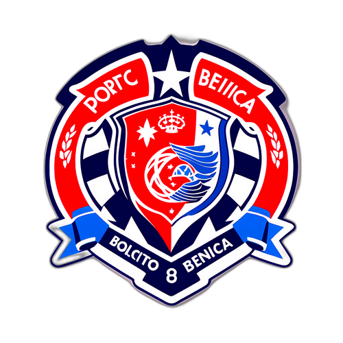 Sticker ontwerp vanPorto en Benfica logo's in een spannende voetbalwedstrijd