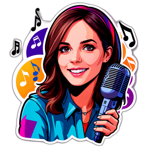 Kleurrijke sticker van Charlotte Cardin met een microfoon