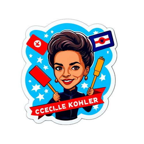 Autocollant de Cecile Kohler avec une touche artistique, tenant des pancartes de protestation