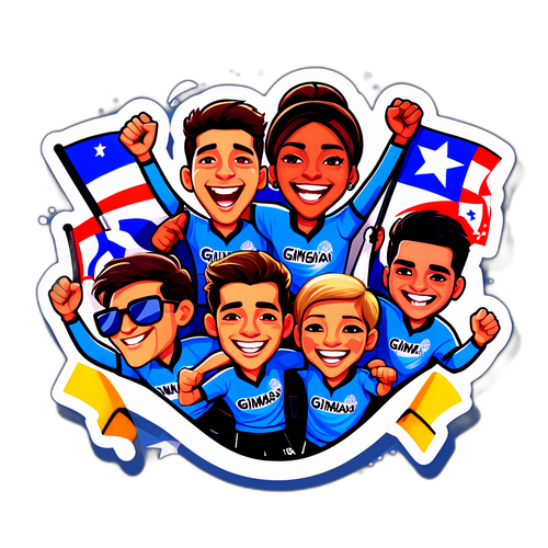 Caricatura de aficionados de Gimnasia y Tiro animando en un estadio