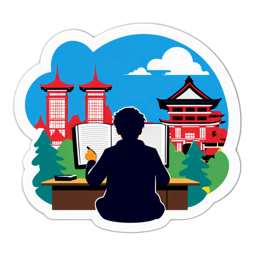 富山大学の建物を背景にした勉強する学生キャラクターのデザイン