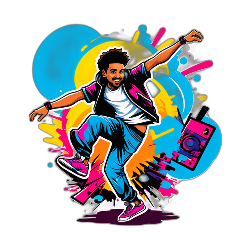 מדבקה כיפית ואנרגטית של עימות מון ברייקדנס, מוקפת באמנות גרפיטי ובויבים אורבניים