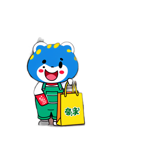 マルエツスーパーマーケットの賑やかな雰囲気とカラフルなエコバッグキャラクターのステッカー