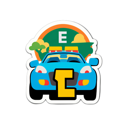Sticker van een geblokte E42 verkeersbord met een speelse cartoonauto