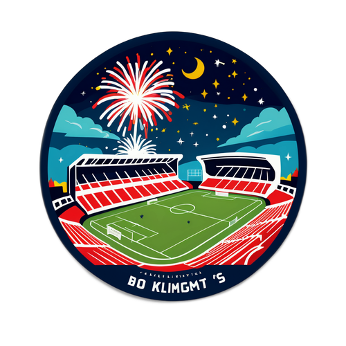 Illustration av Bodø/Glimts stadion under en match med vilda fans och fyrverkerier i natthimlen.