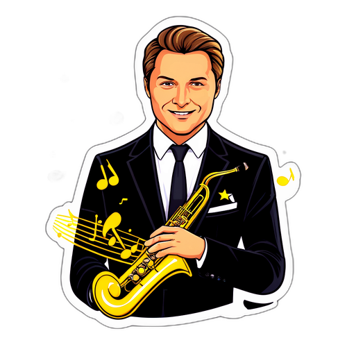 Наклейка с Басковым в стильном костюме на сцене с текстом: 'На пике популярности' и золотыми музыкальными нотами