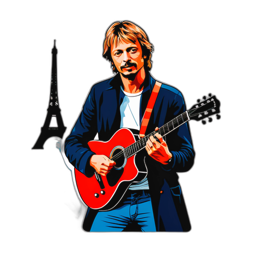 Artistieke sticker van Renaud met zijn gitaar en de achtergrond van Parijs