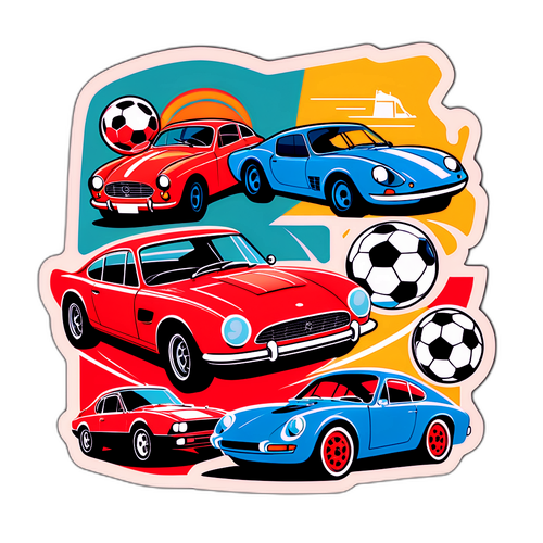 Adesiv vintage cu mașini clasice și fotbal