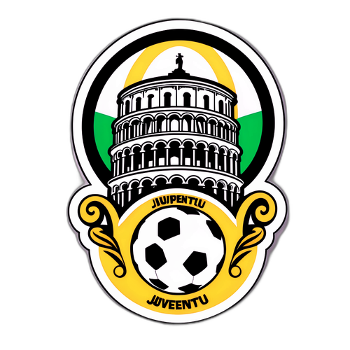 Fotbalová nálepka s logem Juventusu a Šikmé věže v designu fotbalového míče