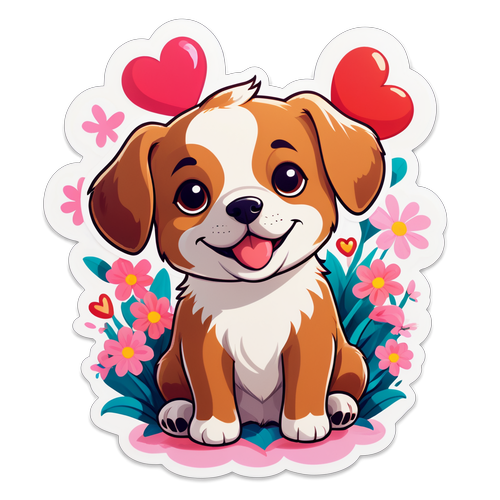 Jangan Lewatkan! Stiker Puppy Imut yang Memikat Hati dengan Bunga dan Cinta!