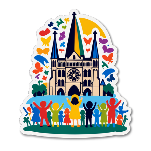 Nostalgisches Design mit der Silhouette von Notre-Dame und bunten Kinderzeichnungen