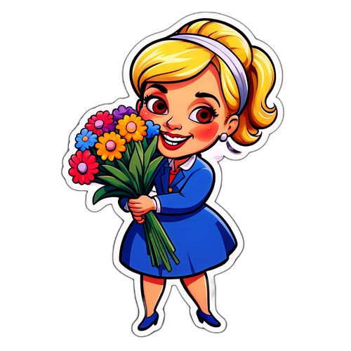 Humoristische Cartoon afbeelding van een glimlachende vrouw met bloemen