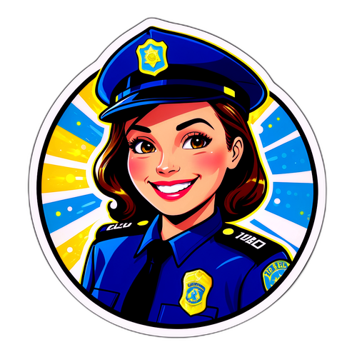 Una policía sonriente con fondo de luces de sirena en estilo pop art