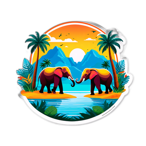 Vibrant sticker inspireret af Sri Lanka med elefanter og tropisk flora