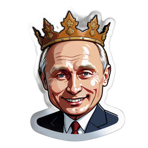 Sticker cu o caricatură a lui Putin purtând o coroană din stejar, cu un zâmbet misterios