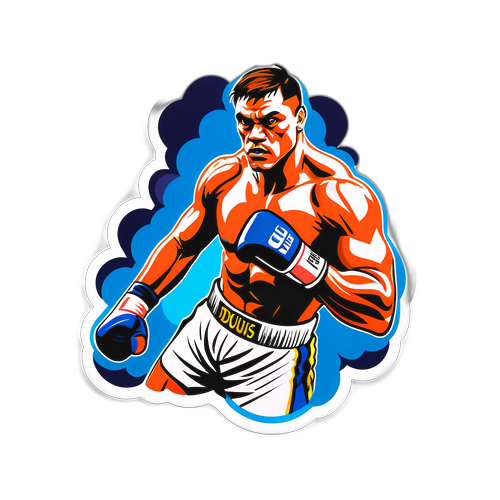Sticker van een bokser in actie met dynamische lijnen en een dramatische achtergrond voor 'Usyk Dubois'