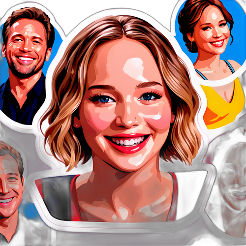 Ein lächelndes Porträt von Jennifer Lawrence, umgeben von Filmstars