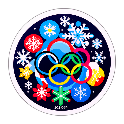 2026年冬季オリンピックのスノーフレークとオリンピックシンボルのカラフルなステッカー