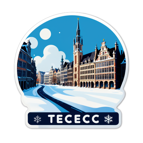 Sticker van TEC Liège en sneeuw in Brussel met winterachtergrond