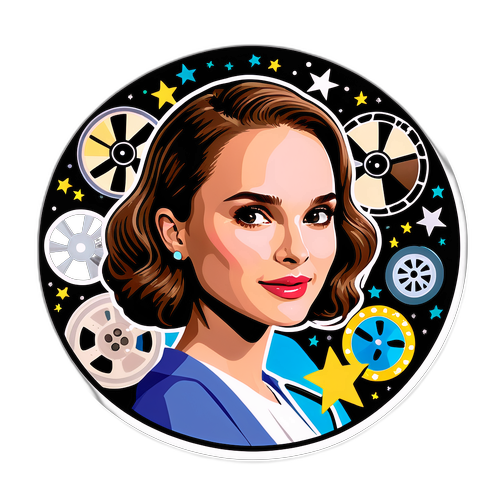 Wesoła naklejka Natalii Portman w otoczeniu filmowych taśm i gwiazd