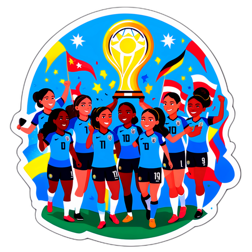 Ilustração das jogadoras da Copa América Feminina, unidas em celebração
